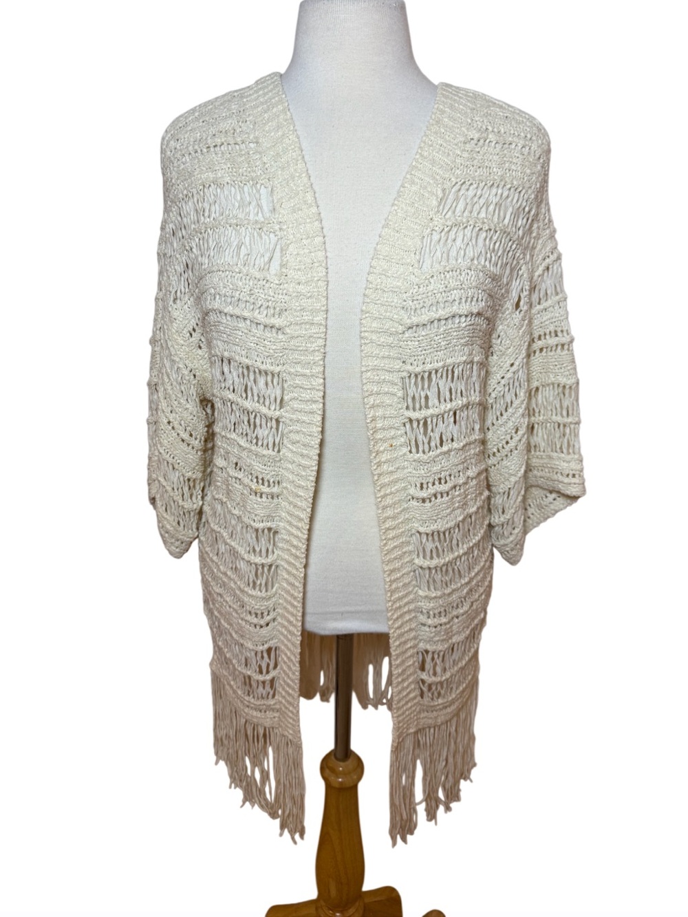 Cream Open-Knit Fringe Throw Cardigan - America Eagle Size M